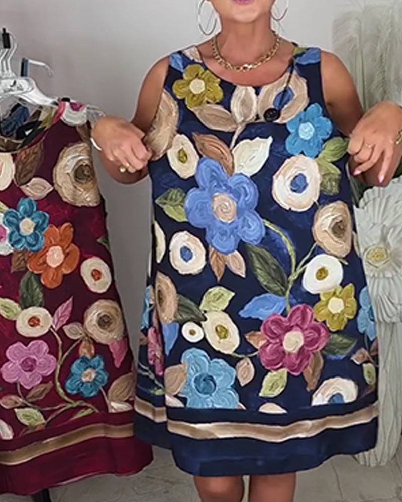Robe Peinture À L‘huile Florale Sans Manches Droite