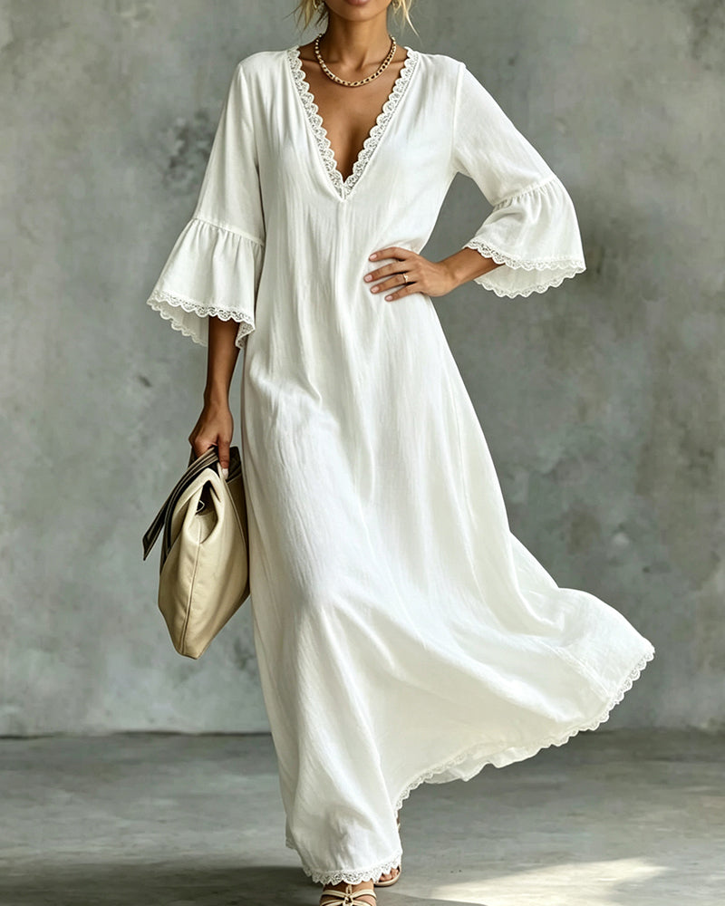 Robe Col V Dentelle Patchwork Volant Jupe Ample