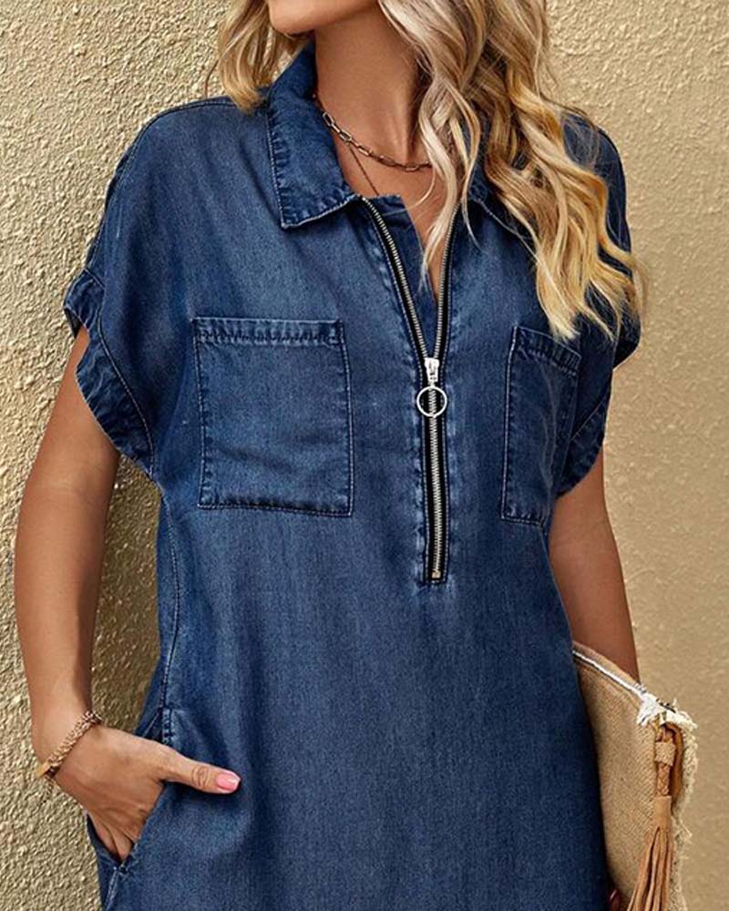Robe Fermeture Éclair Col Manches Courtes Chemise