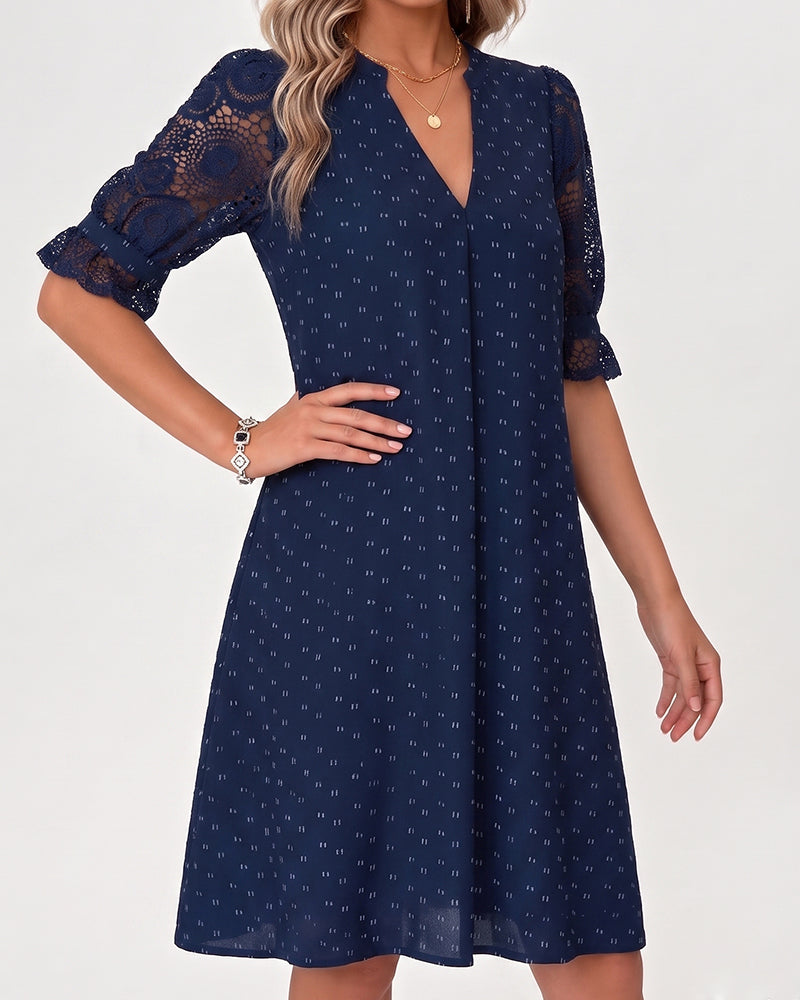Robe Col V Imprimé Dentelle Patchwork Ligne A