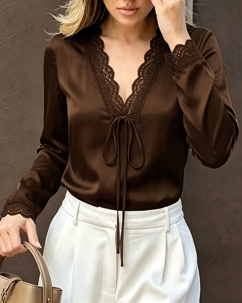 Blouse Manche Longue Col V Dentelle Patchwork