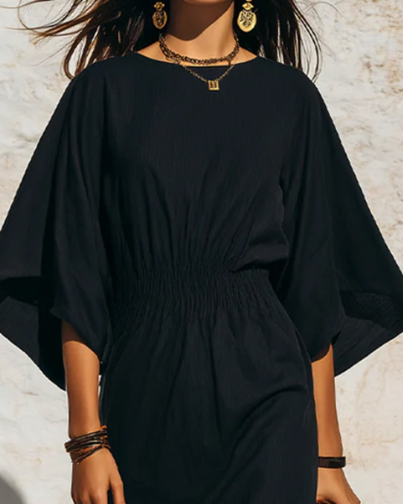 Robe Évasée Manches Chauve-Souris Taille Cintrée Longue
