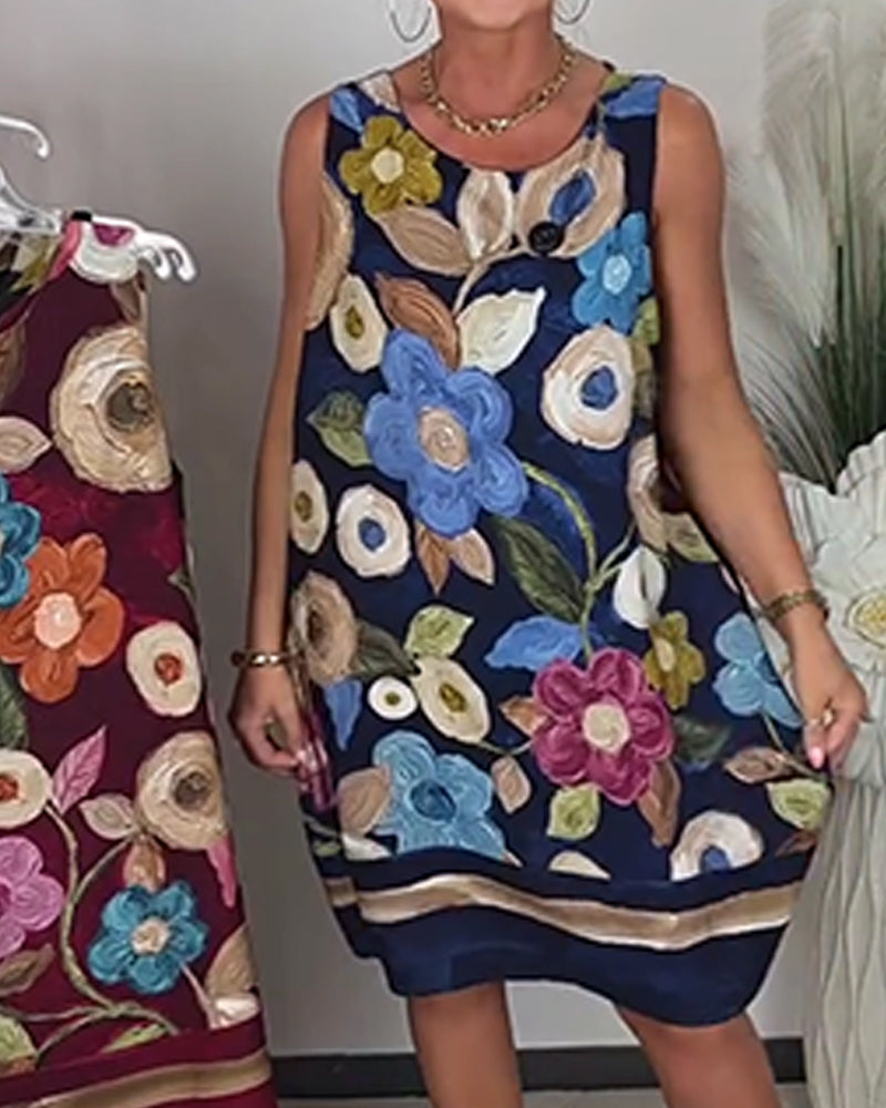 Robe Peinture À L‘huile Florale Sans Manches Droite