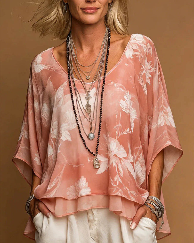 Blouse Florale Manche Chauve-Souris