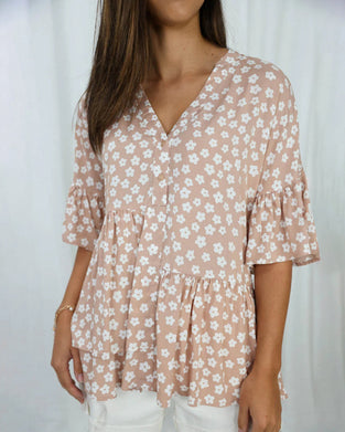 Blouse fleurie col V manches cloche