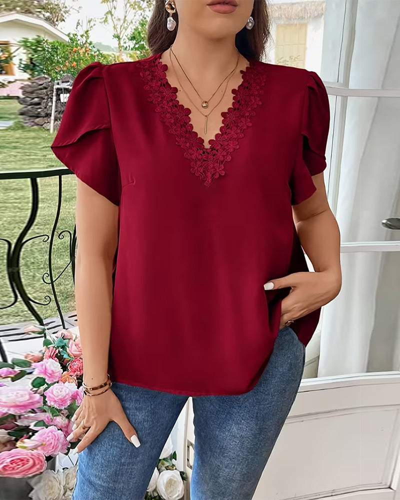 Blouse Col V Unie Manches Bouffantes