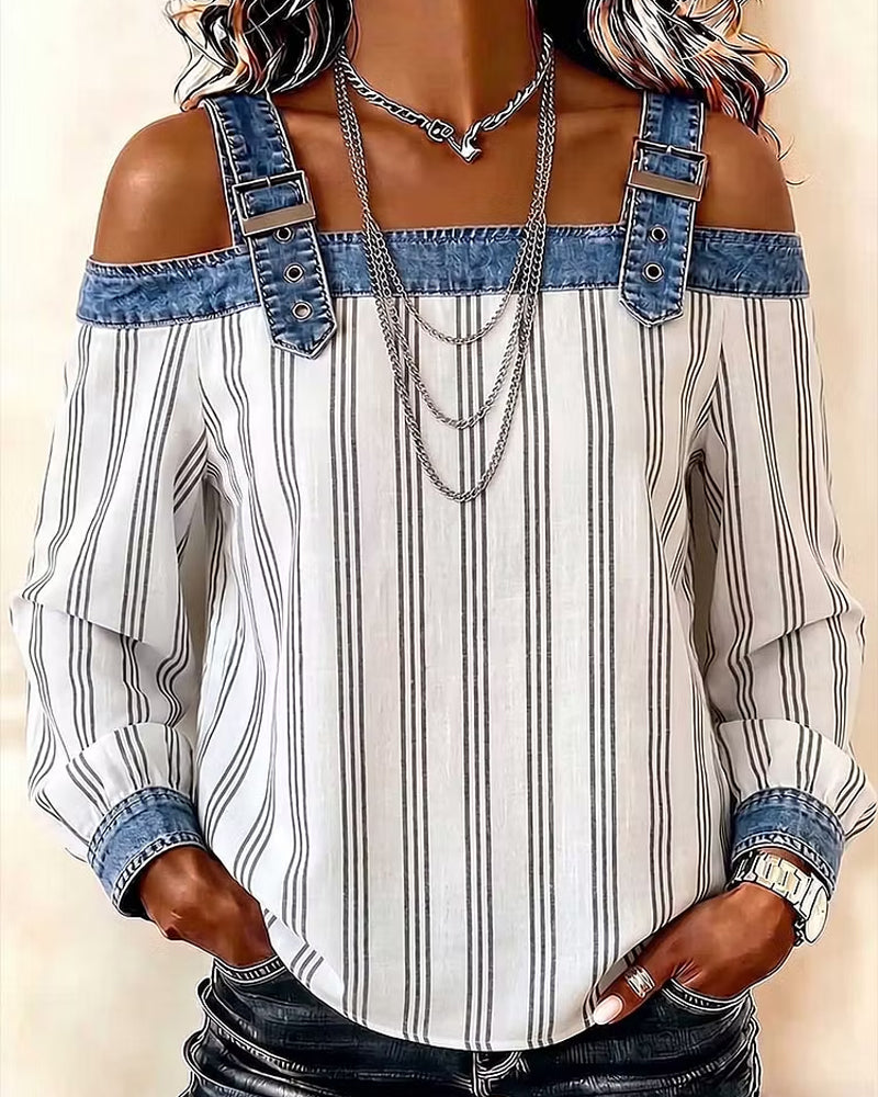Blouse Denim Hors Épaule Rayure Panneau