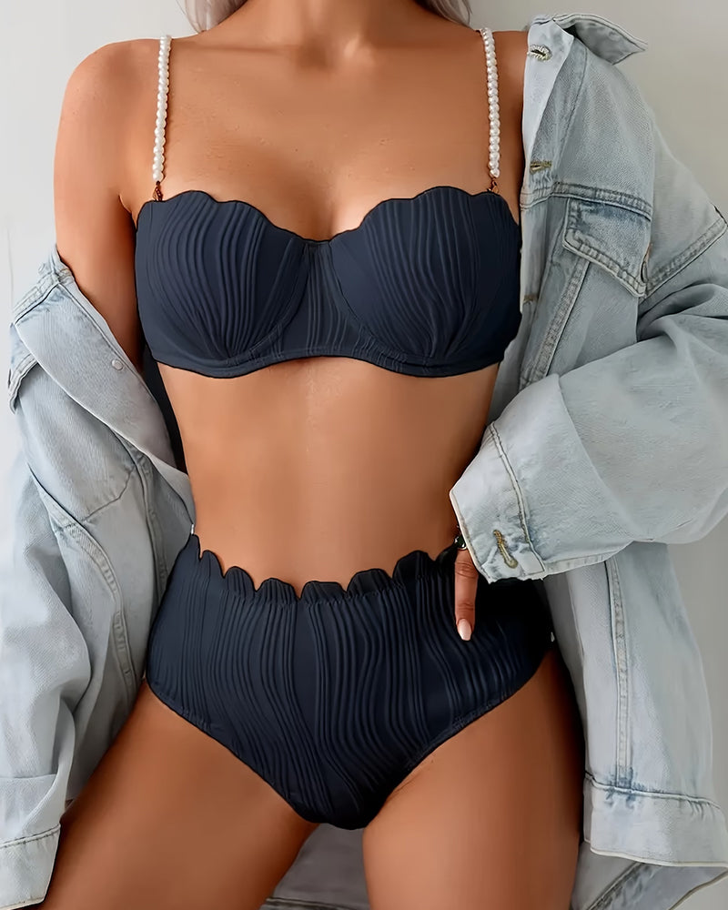 Bikini Bretelle Perle Bordure Texturée Feston Nœud Papillon