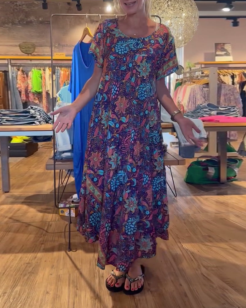 Robe longue imprimée à manches courtes et col rond