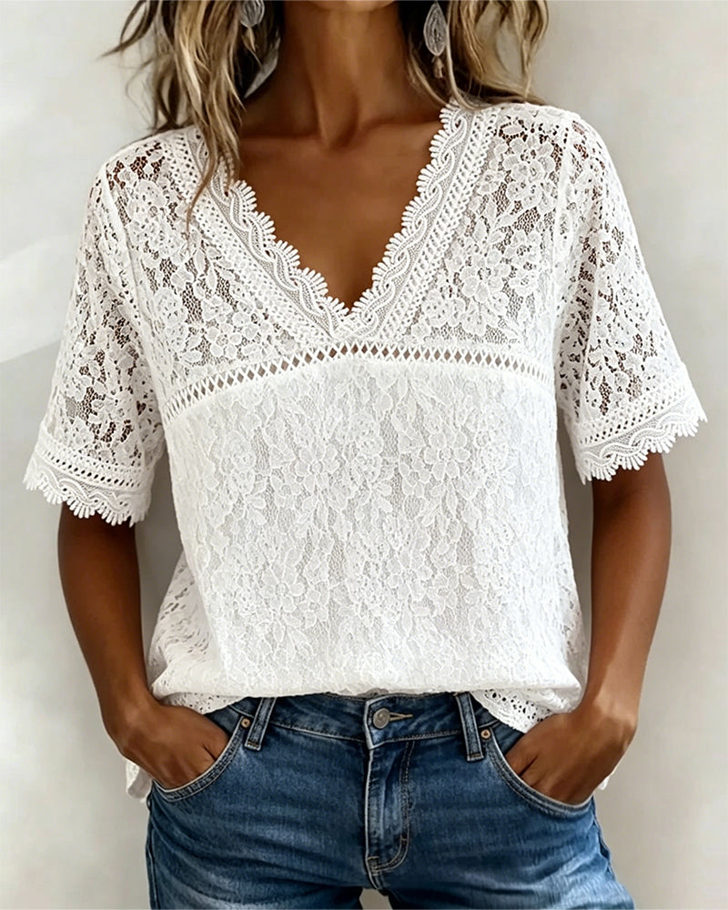 Blouse Uni Manches Courtes En Dentelle
