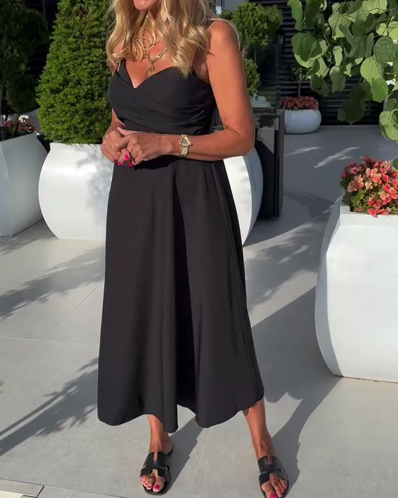 Robe Bretelles Col En V Froncée Taille Haute
