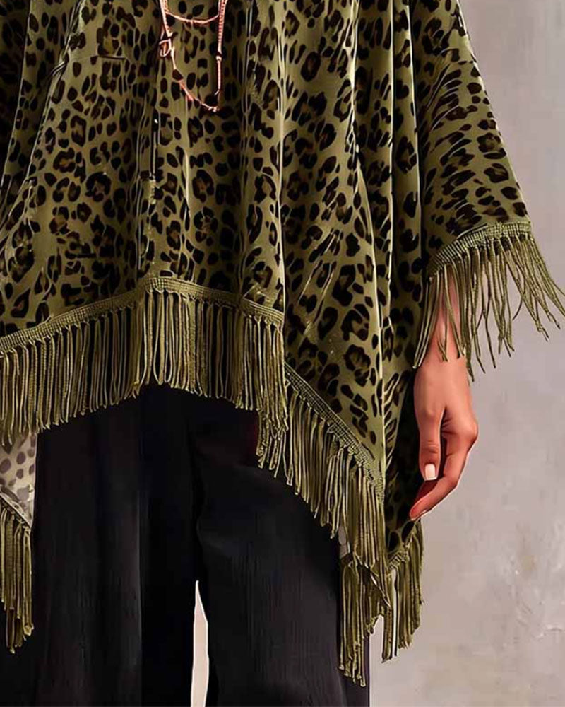 Blouse Manche Chauve-Souris Franges Imprimé Léopard Ample Velours