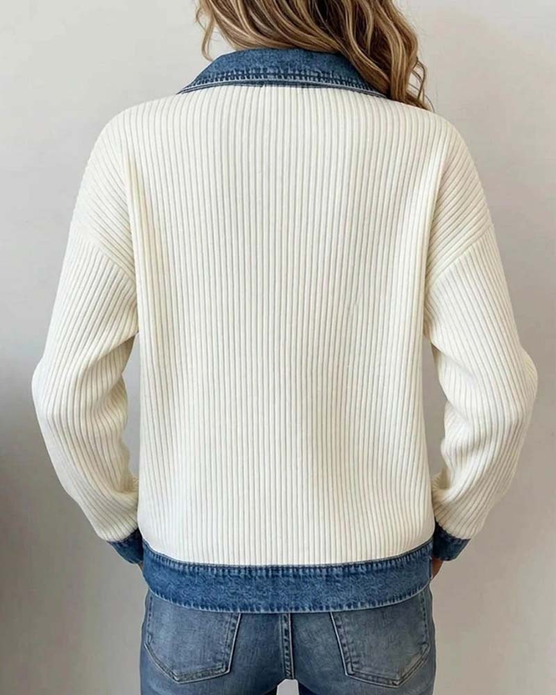 Manteau Revers Fermeture Éclair Denim Panneau