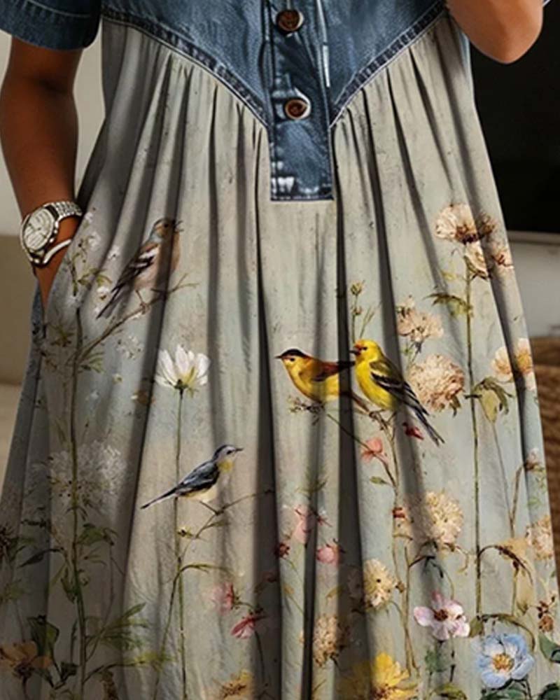 Robe Col De Chemise Fleuri Denim Patchwork