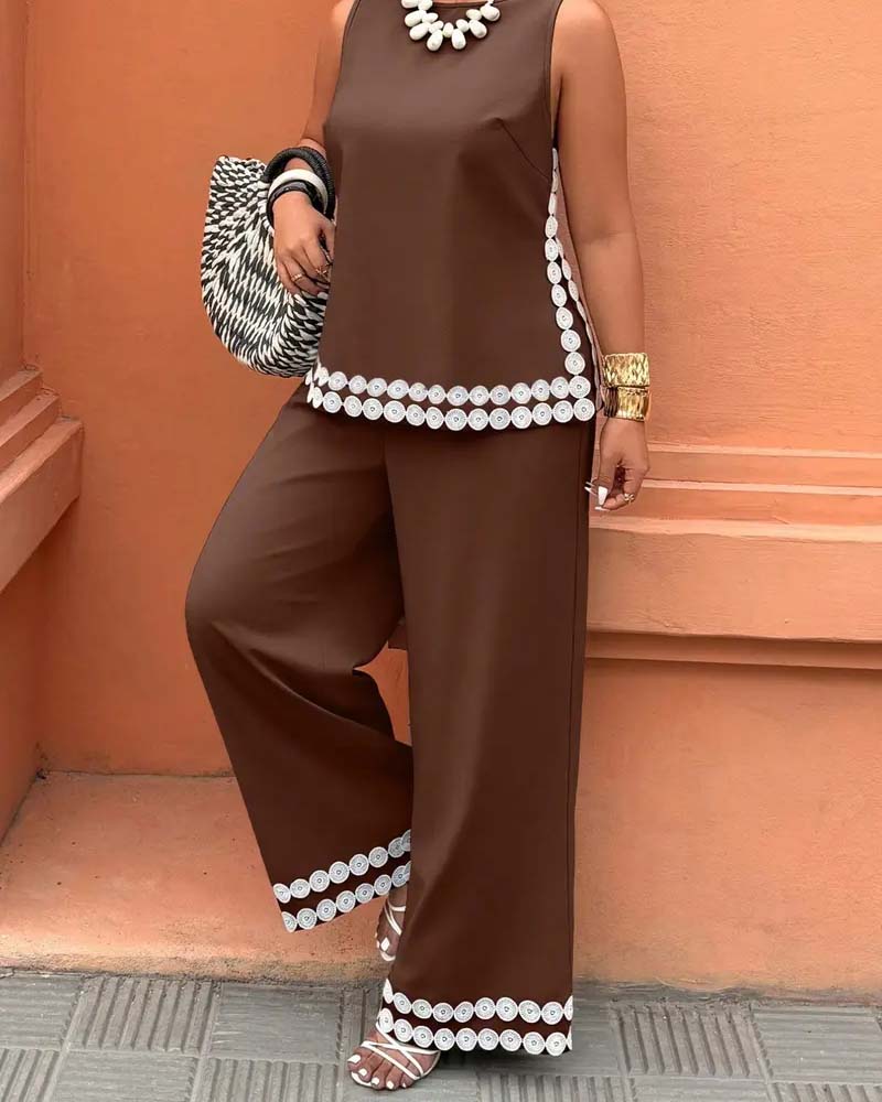 Set Haut Col Rond Sans Manches Pantalon Large Longue