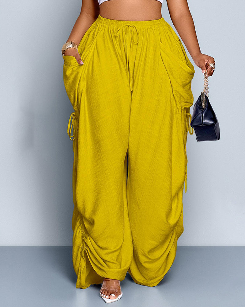 Pantalon Uni Plissé Taille Haute Large