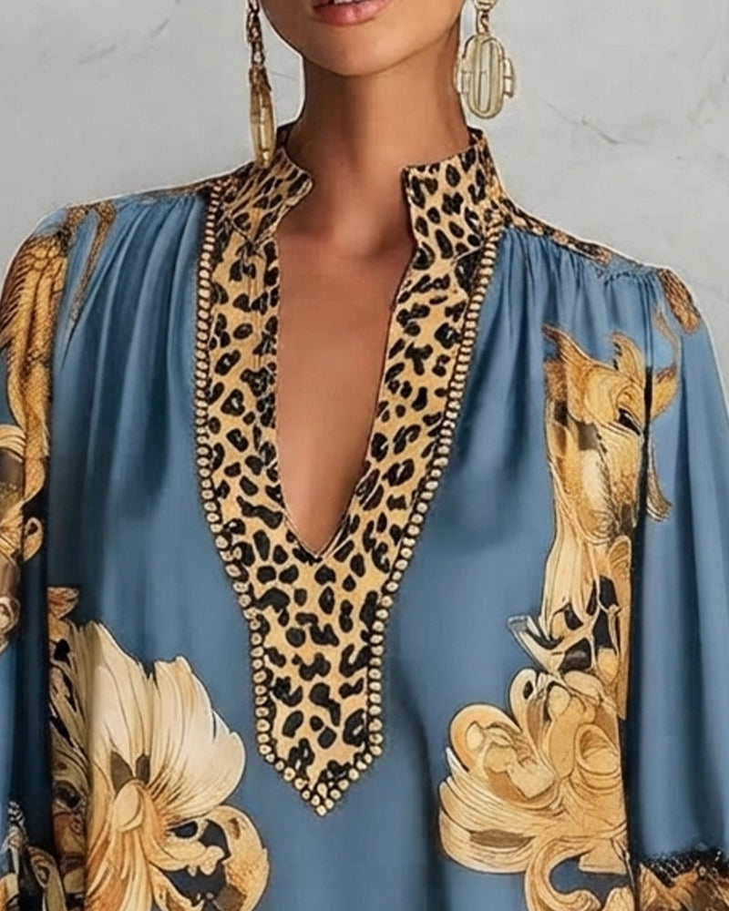 Robe Léopard Manche Lanterne Col Montant Imprimé