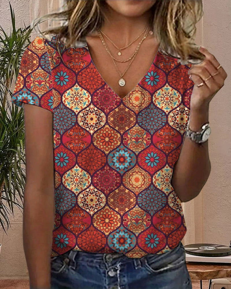 T - shirt à Col en V avec des Impressions Rétro