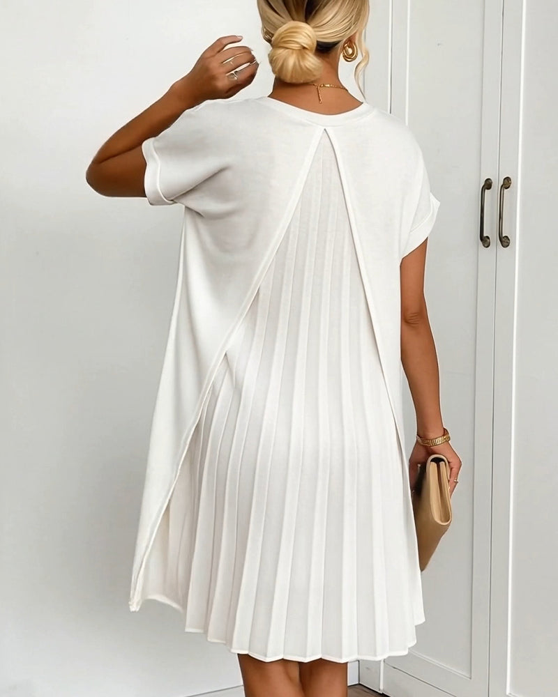 Robe Plissée Manches Courtes Col V