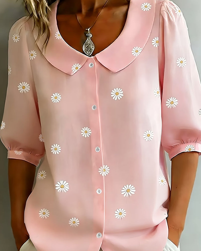 Blouse Décontractée À Fleurs Manches Bouffantes