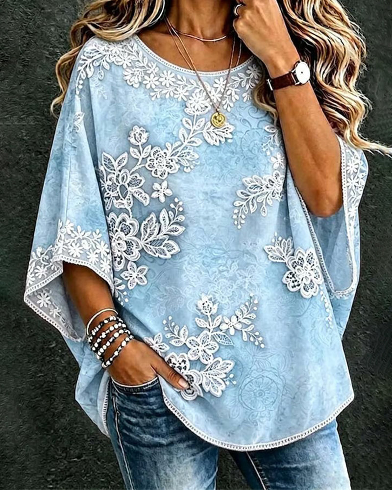 Blouse Col Rond Motif Floral Coupe Ample