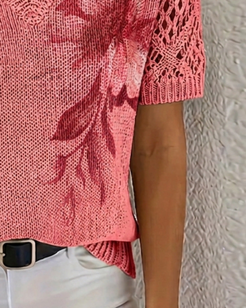Pull-Over Col En V Tricoté Fleuri