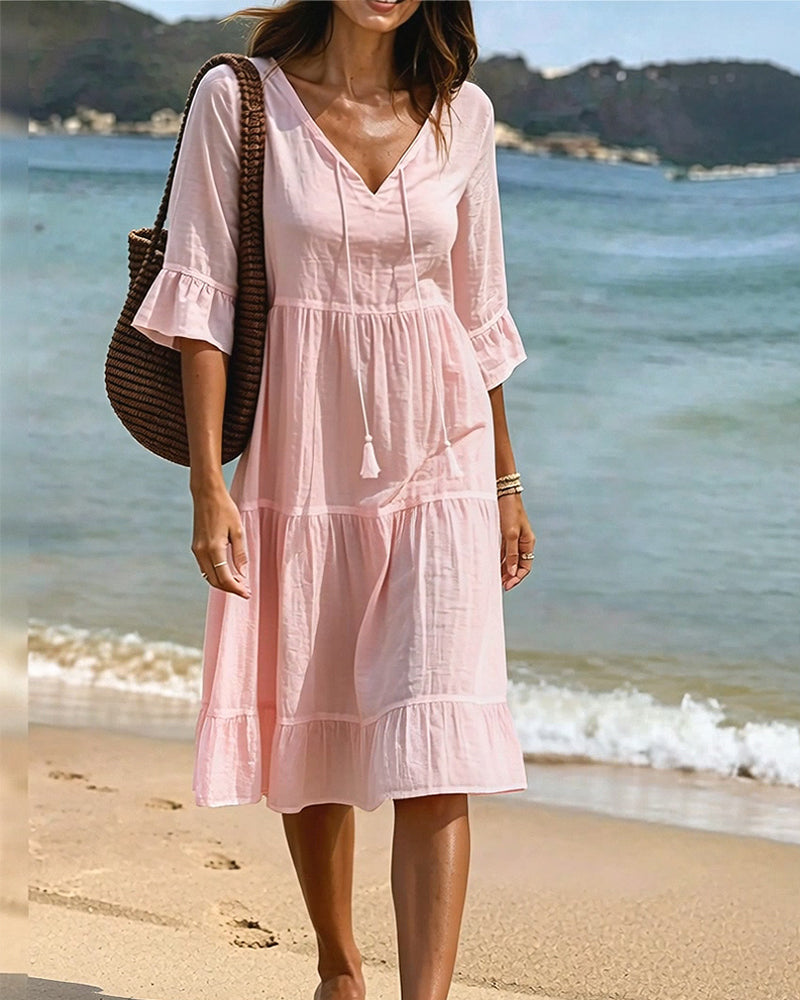 Robe Évasée Demi-Manche Nœud À La Taille