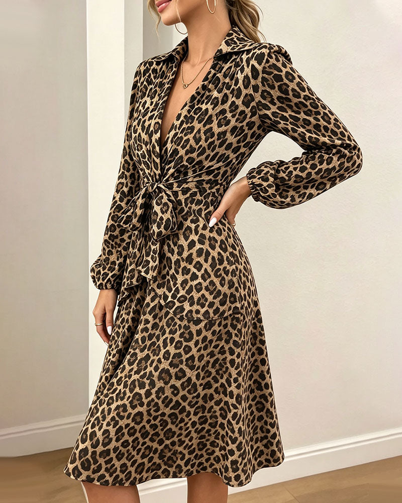 Robe Imprimé Léopard Revers Taille Sangle Chemise