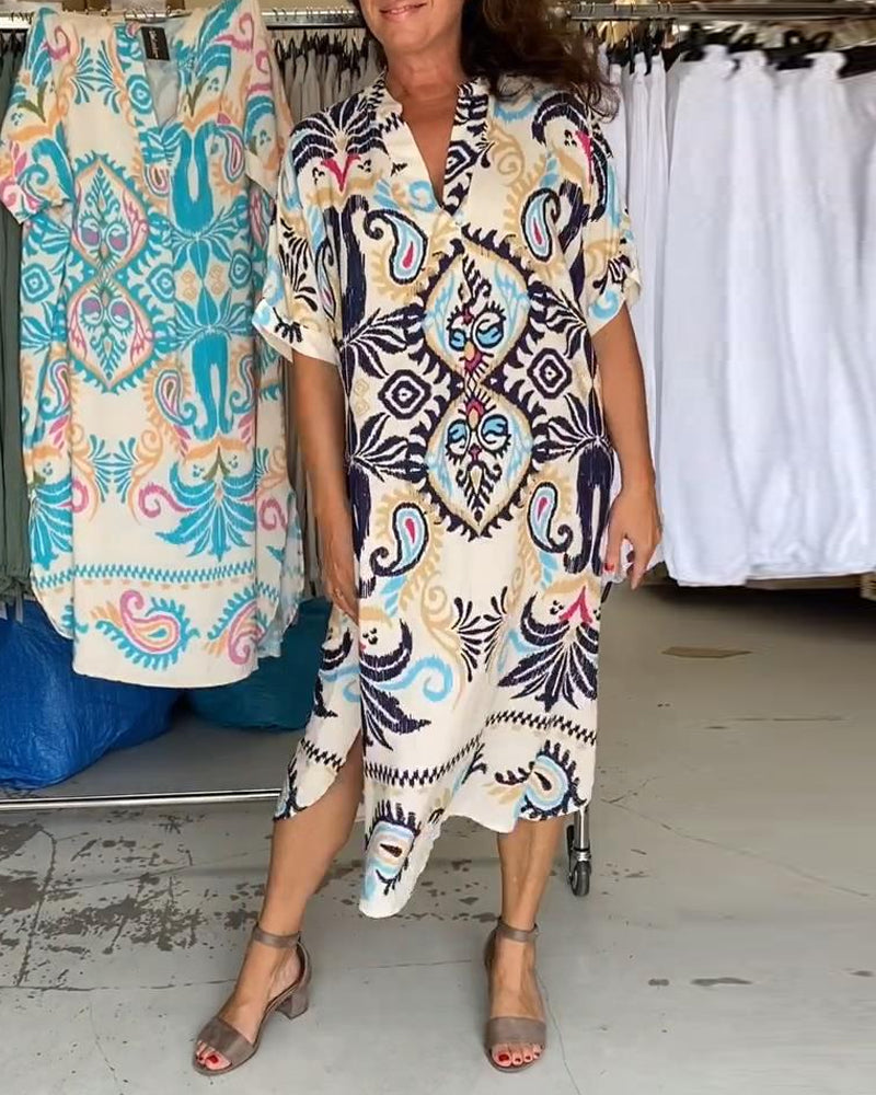 Robe ample bohème col V à manches mi-longues