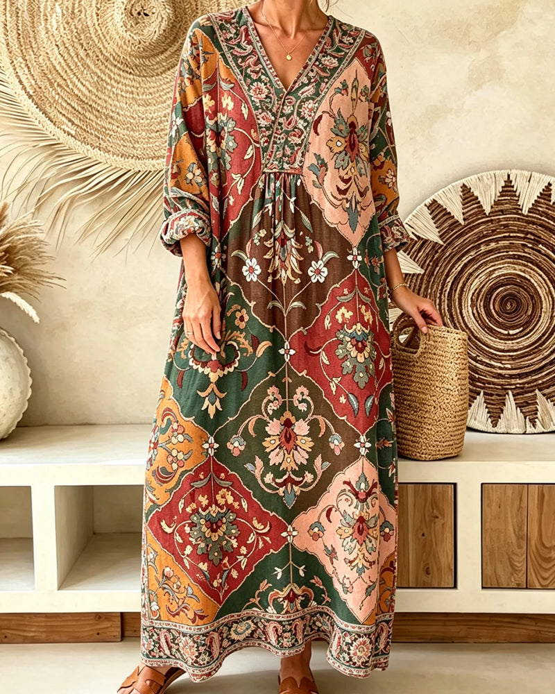 Robe Col V Bohème Manche Longue