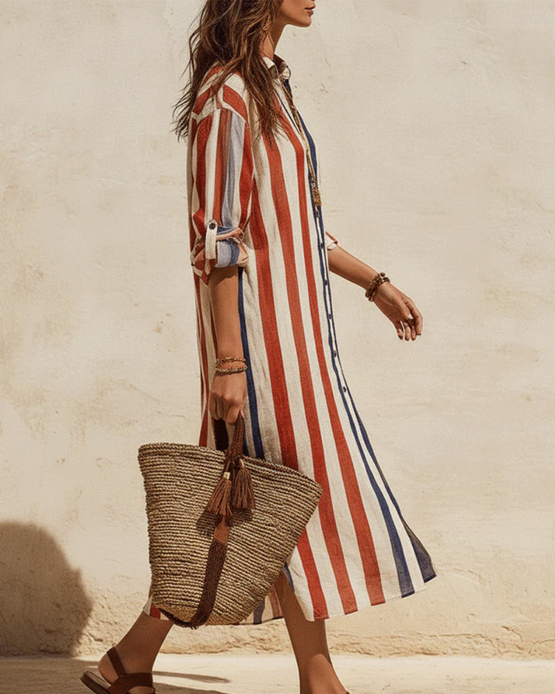 Robe Décontractée Rayée Col Chemise