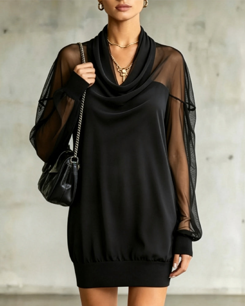 Robe Col Froncé Manche Longue Mesh