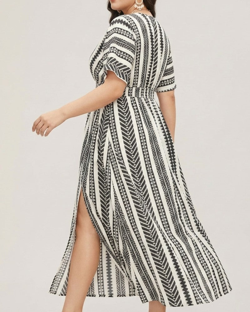 Robe Profond V Bleu Blanc Rayure Géométrique Taille