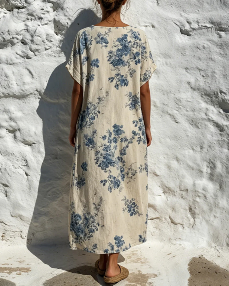 Robe Col Rond Vintage Bleu Floral