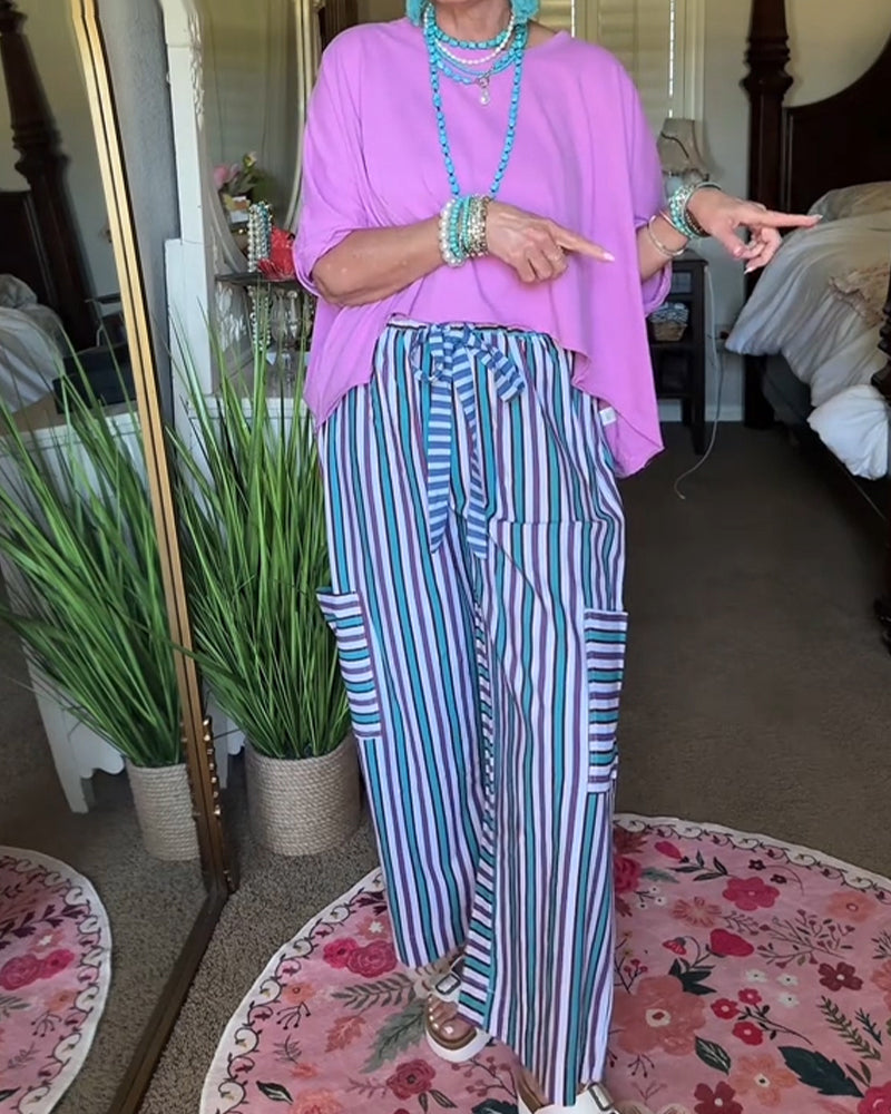 Pantalon Rayé Taille Élastique Décontracté