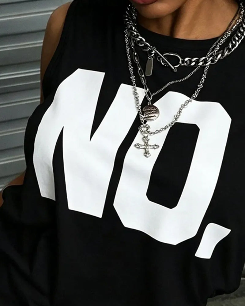 T-Shirt Col Rond Sans Manches Lettre Unie