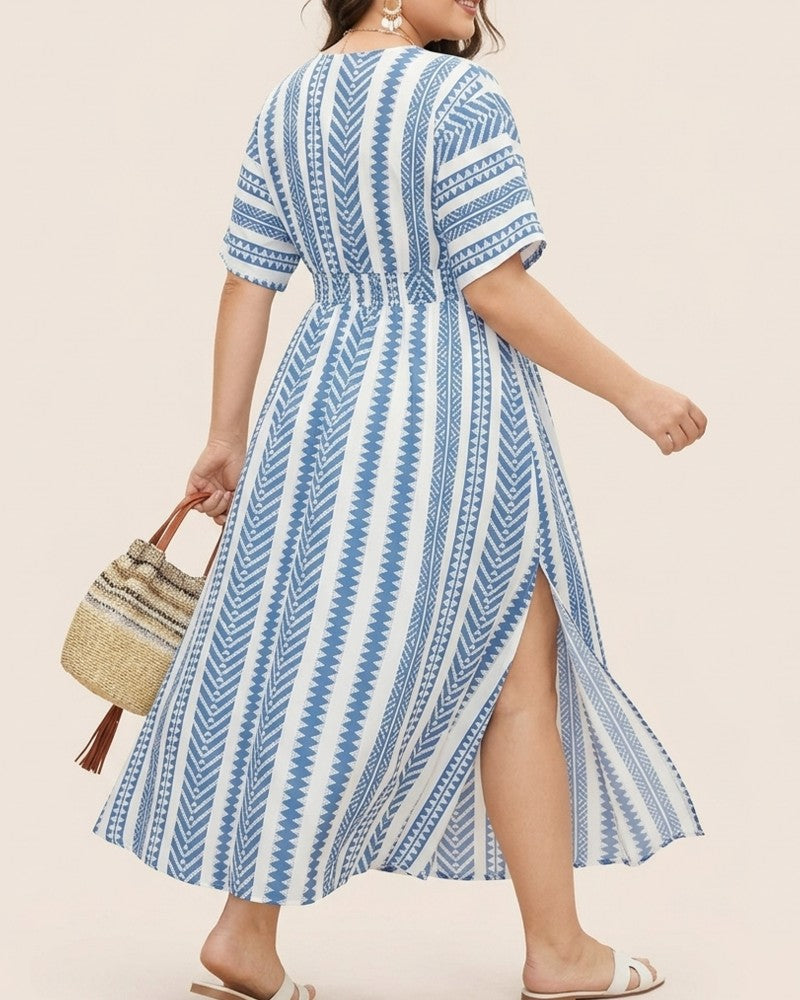 Robe Profond V Bleu Blanc Rayure Géométrique Taille