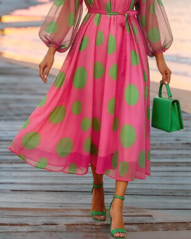 Robe Col V Manches Ballon Gros Pois