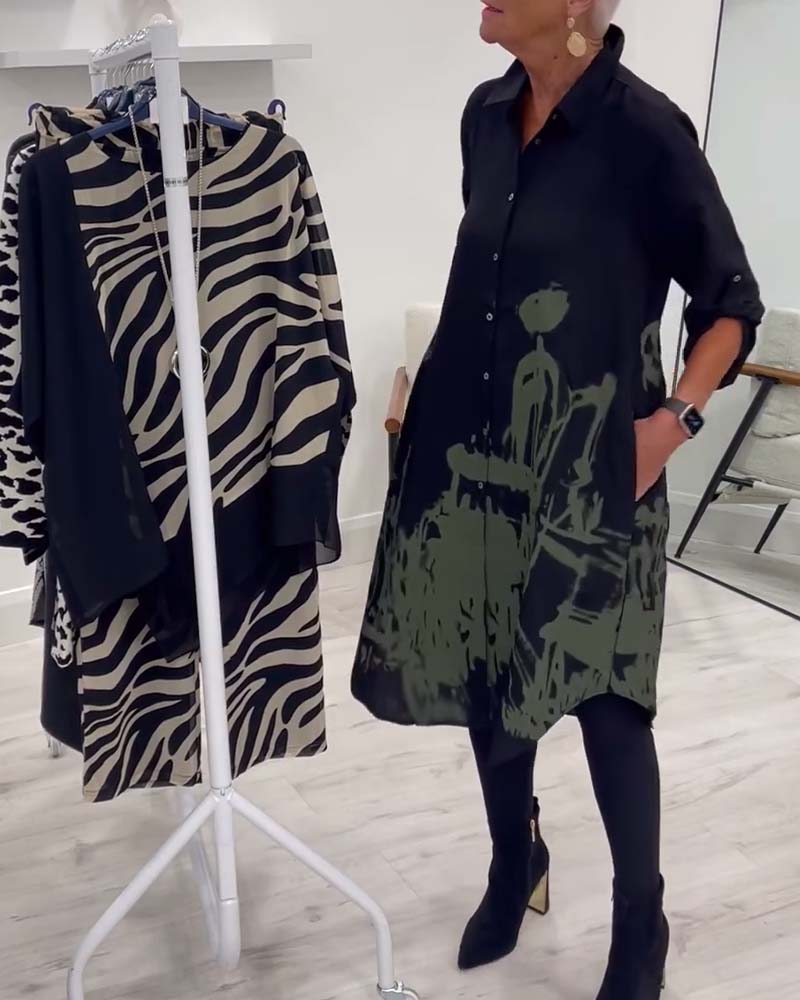 Robe décontractée à imprimé contrasté et boutons à revers