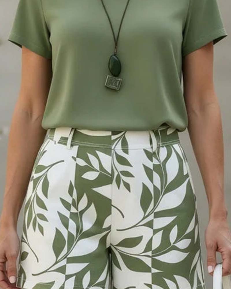 Deux-Pièces Ensemble Col Rond T-Shirt Et Imprimé Feuille Verte Shorts