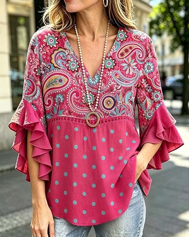 Blouse Col V Florale Pois Volant