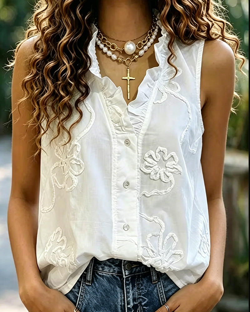 Chemise Sans Manches 3D Florale Volant
