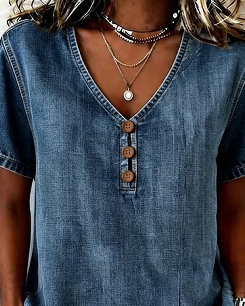 Blouse En Denim À Col En V Fendu