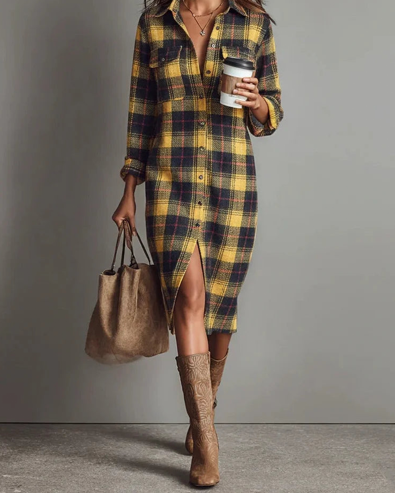 Robe Col Chemise Carreau Manche Longue