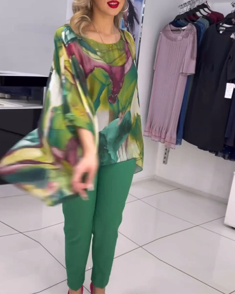 Blouse imprimée à col rond et manches chauve-souris