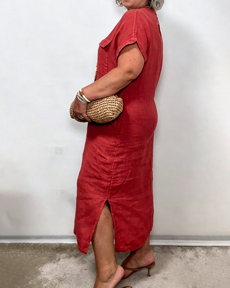 Robe Col V Bouton Poche Unie