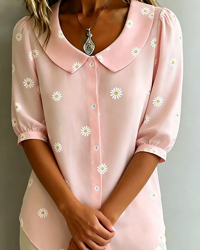 Blouse Décontractée À Fleurs Manches Bouffantes