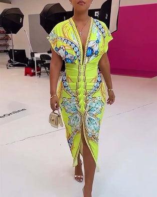 Robe imprimée à taille fendue en V profond