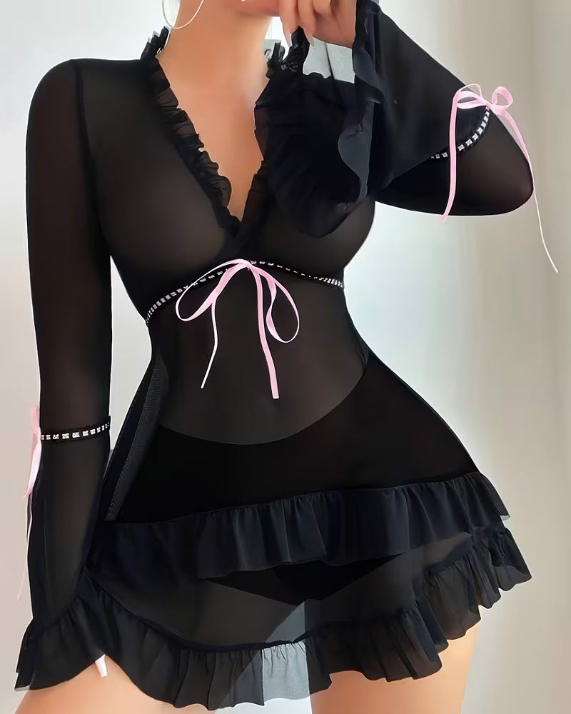 Robe De Nuit Manches Longues Laçage Transparent