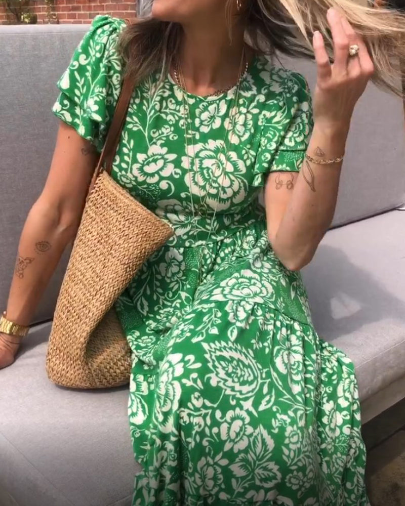 Robe longue à manches courtes imprimée de fleurs